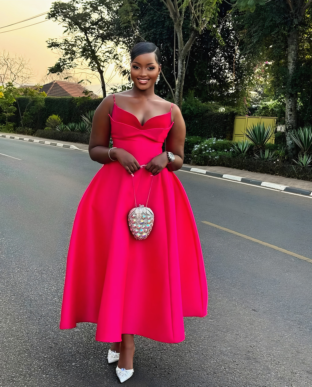 The Vivienne Satin Sweetheart Dress in Fuchsia